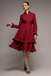 Goddiva Tiered Shirt Belted Long Sleeve Midi Dress - Wine