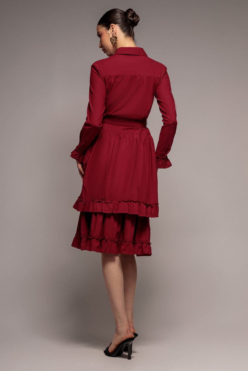 Goddiva Tiered Shirt Belted Long Sleeve Midi Dress - Wine