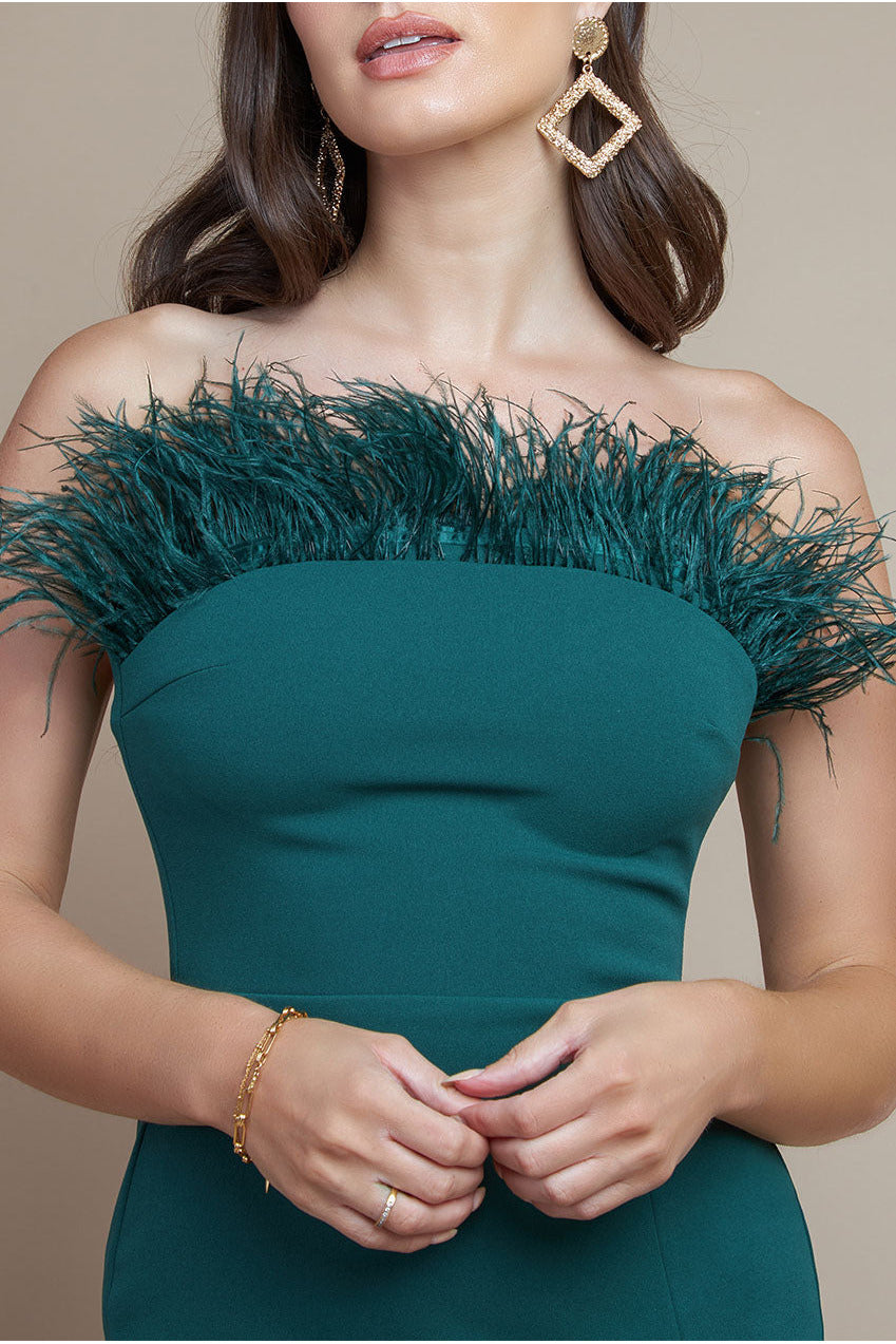 Goddiva Feather Boobtube Midi Dress - Emerald Green