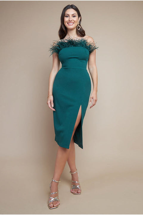 Goddiva Feather Boobtube Midi Dress - Emerald Green