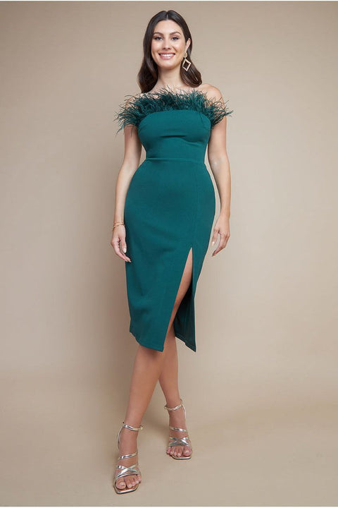 Goddiva Feather Boobtube Midi Dress - Emerald Green