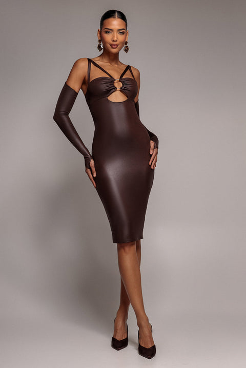 Goddiva Faux Leather Cut Out Sheath Midi Dress - Brown