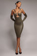 Goddiva Faux Leather Cut Out Sheath Midi Dress - Khaki