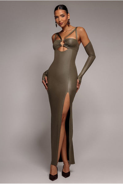 Goddiva Faux Leather Cut Out Maxi Dress - Khaki
