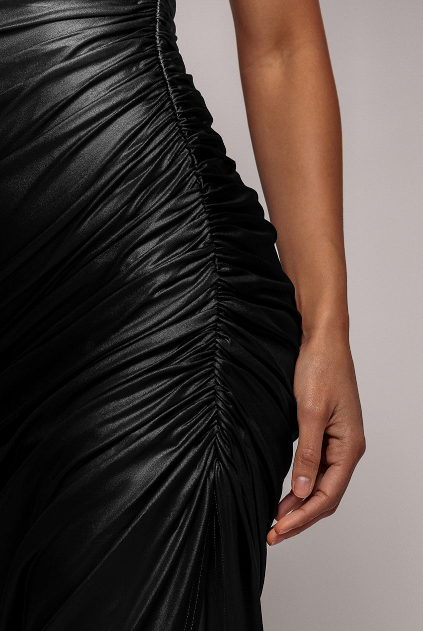 City Goddess Bandeau Faux Leather Midi Dress - Black