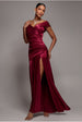 Goddiva Satin Off Shoulder Pleated Maxi Dress - Berry