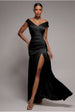 Goddiva Satin Off Shoulder Pleated Maxi Dress - Black