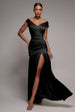 Goddiva Satin Off Shoulder Pleated Maxi Dress - Black