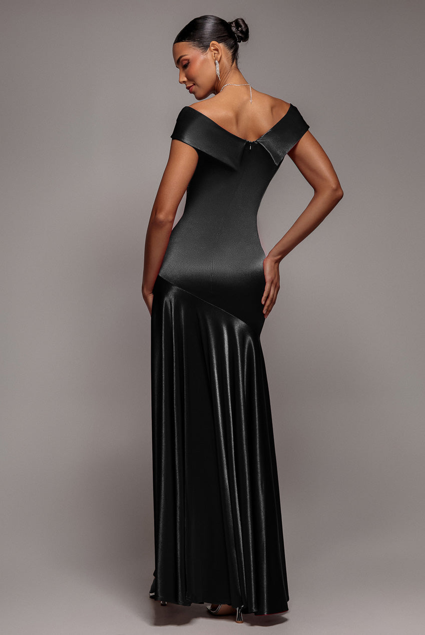 Goddiva Satin Off Shoulder Pleated Maxi Dress - Black