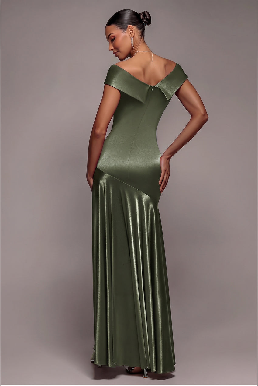 Goddiva Satin Off Shoulder Pleated Maxi Dress - Olive Green