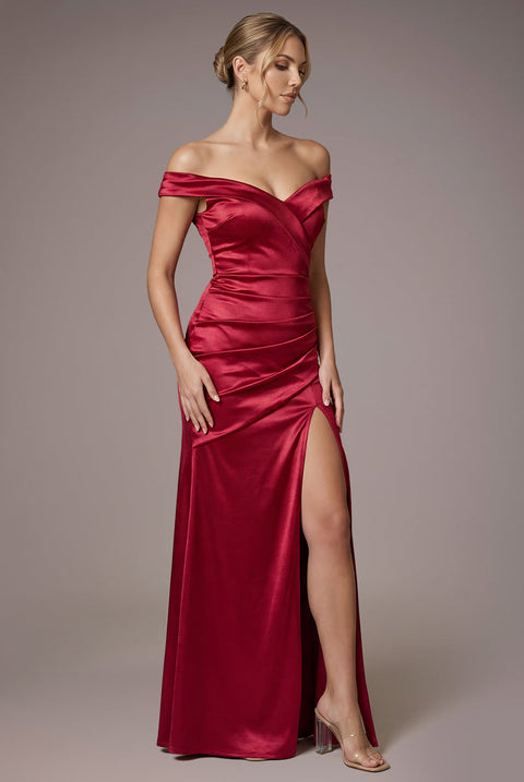 Goddiva Satin Off Shoulder Pleated Maxi Dress - Berry