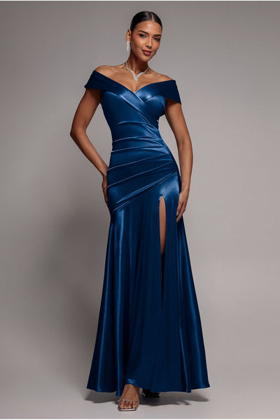 Navy - Goddiva Satin Off Shoulder Pleated Maxi Dress - Navy Blue