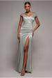 Goddiva Satin Off Shoulder Pleated Maxi Dress - Sage Green