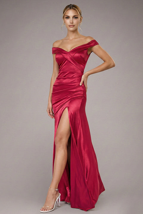 Goddiva Satin Off Shoulder Pleated Maxi Dress - Berry