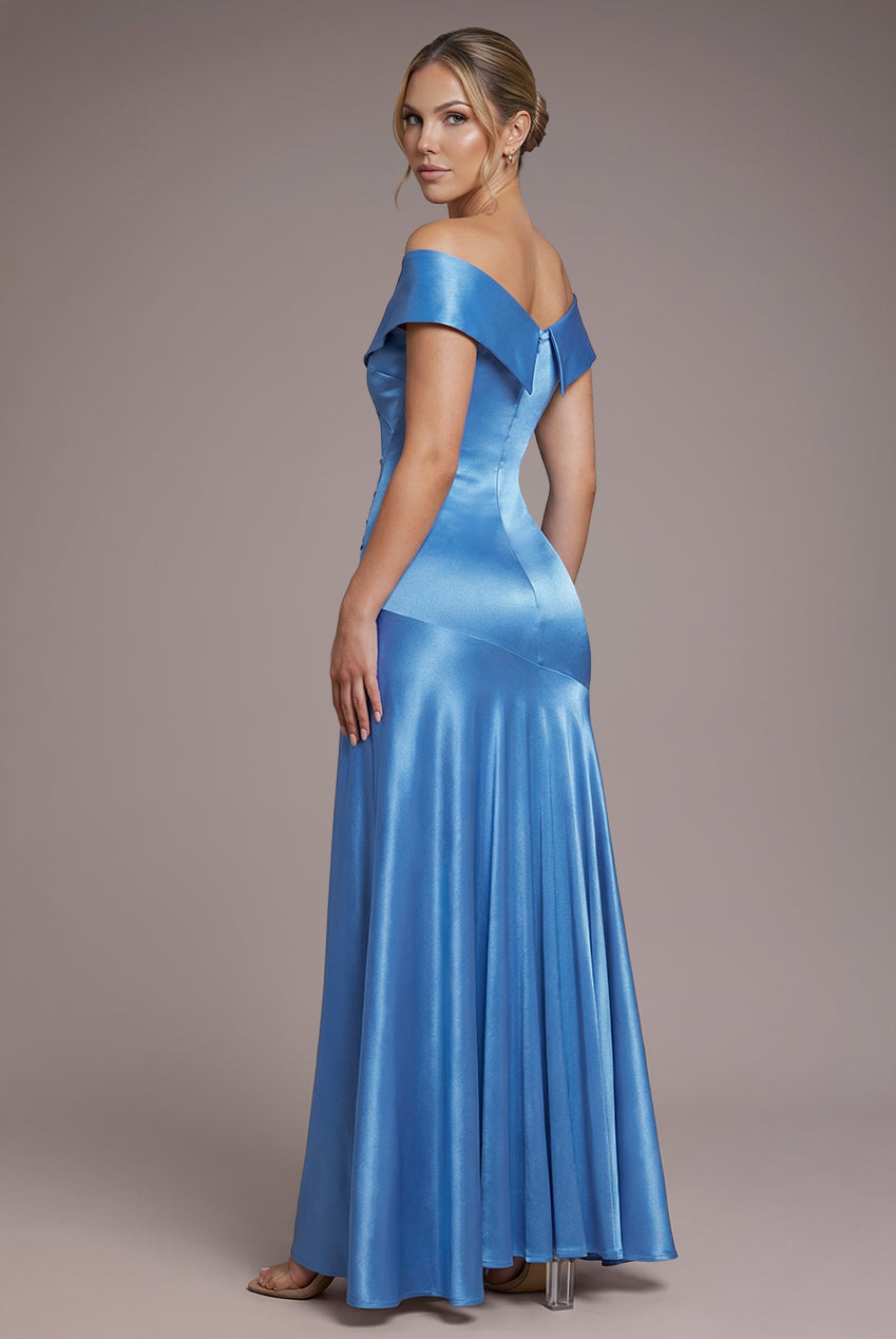 Goddiva Satin Off Shoulder Pleated Maxi Dress - Dusty Blue