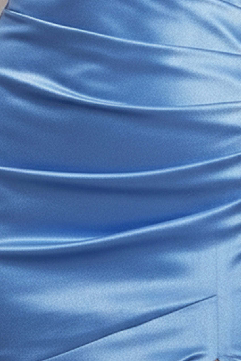 Goddiva Satin Off Shoulder Pleated Maxi Dress - Dusty Blue