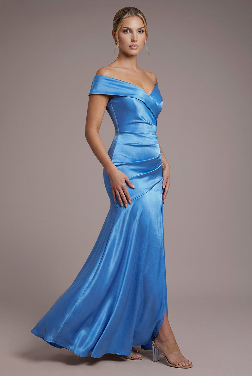 Goddiva Satin Off Shoulder Pleated Maxi Dress - Dusty Blue