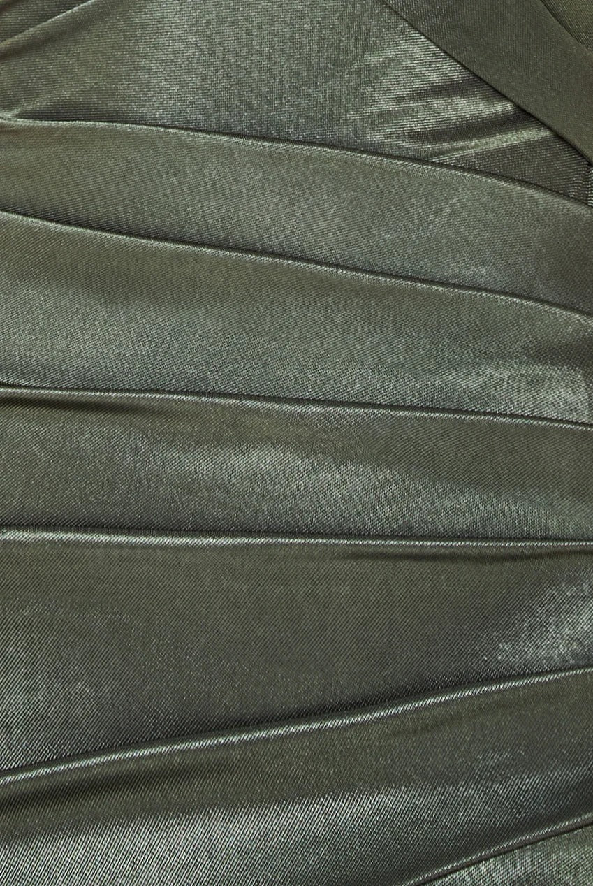 Goddiva Satin Off Shoulder Pleated Maxi Dress - Olive Green