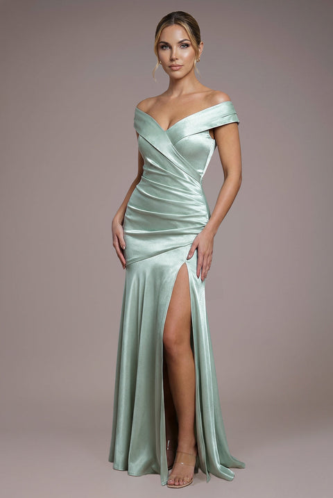 Goddiva Satin Off Shoulder Pleated Maxi Dress - Sage Green