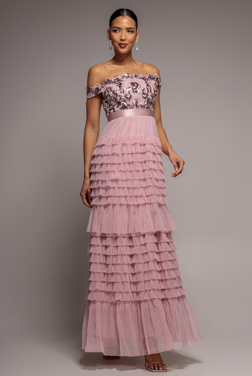 Goddiva Scallop Bardot Ruffle Mesh Maxi - Blush