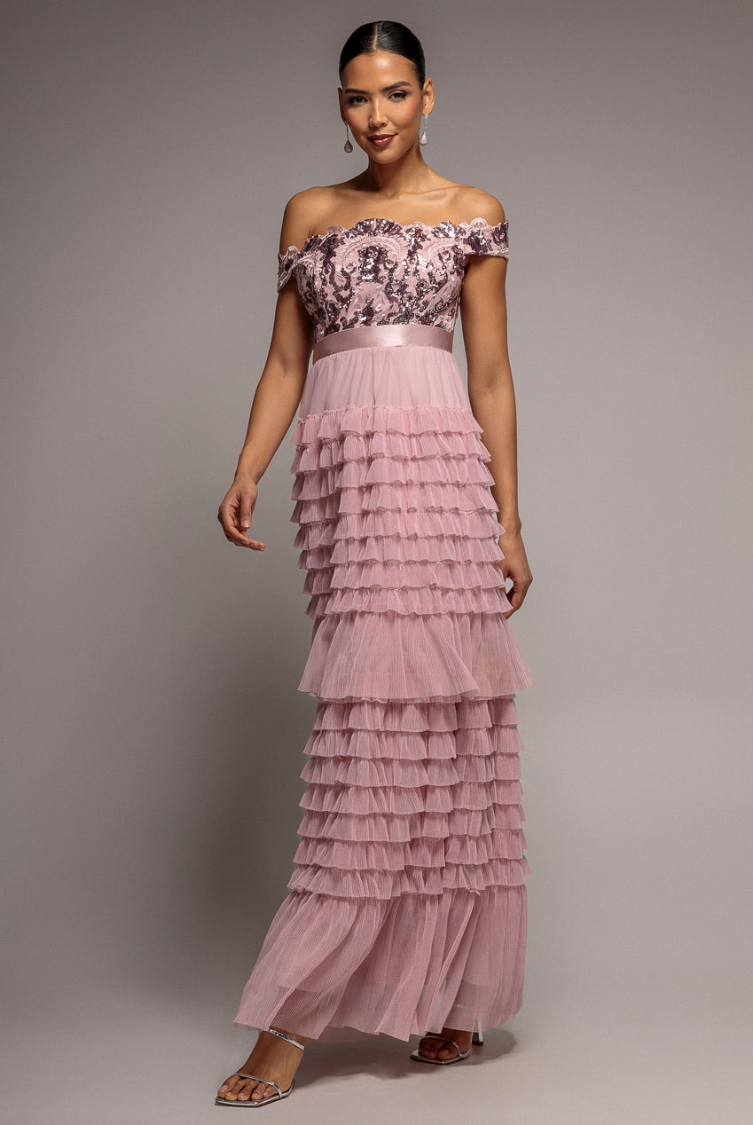 Goddiva Scallop Bardot Ruffle Mesh Maxi - Blush