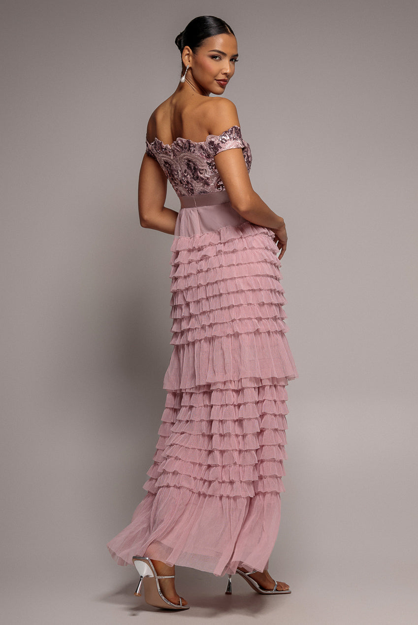 Goddiva Scallop Bardot Ruffle Mesh Maxi - Blush