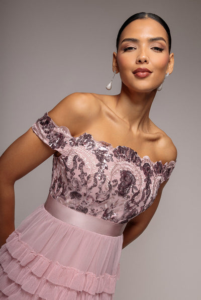 Blush - Goddiva Scallop Bardot Ruffle Mesh Maxi - Blush