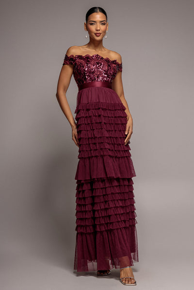 Burgundy - Goddiva Scallop Bardot Ruffle Mesh Maxi - Burgundy