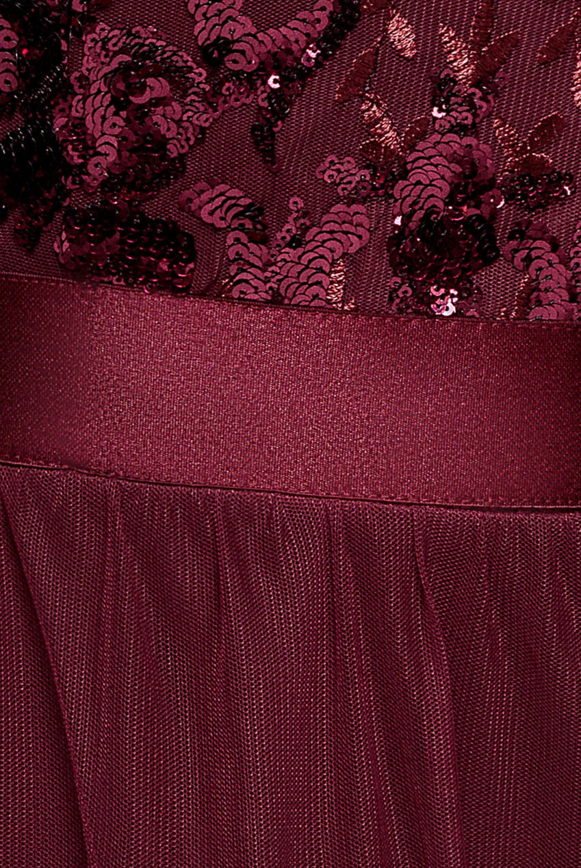 Goddiva Scallop Bardot Ruffle Mesh Maxi - Burgundy