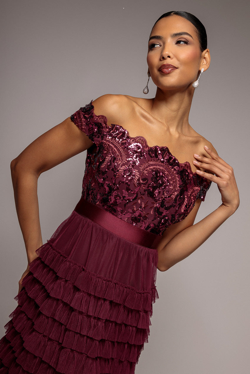 Goddiva Scallop Bardot Ruffle Mesh Maxi - Burgundy