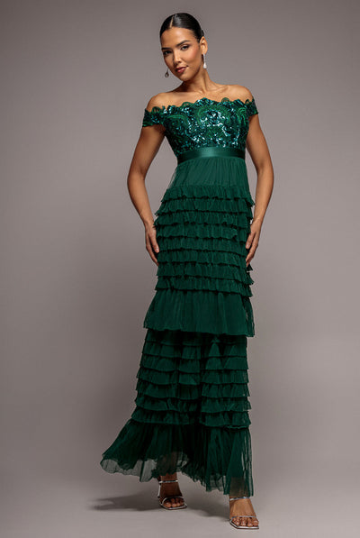 Emerald - Goddiva Scallop Bardot Ruffle Mesh Maxi - Emerald Green