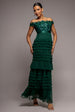 Goddiva Scallop Bardot Ruffle Mesh Maxi - Emerald Green