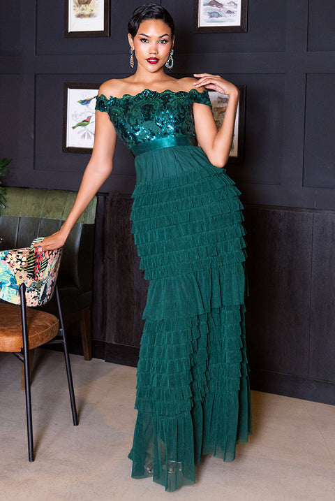 Goddiva Scallop Bardot Ruffle Mesh Maxi - Emerald Green