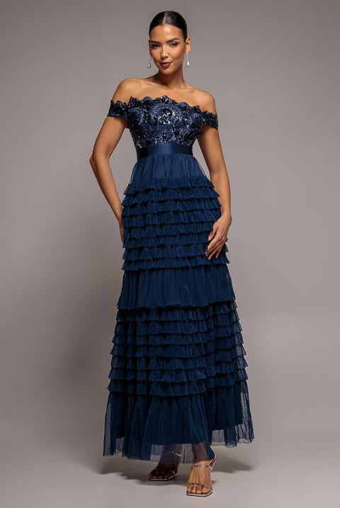Goddiva Scallop Bardot Ruffle Mesh Maxi - Navy