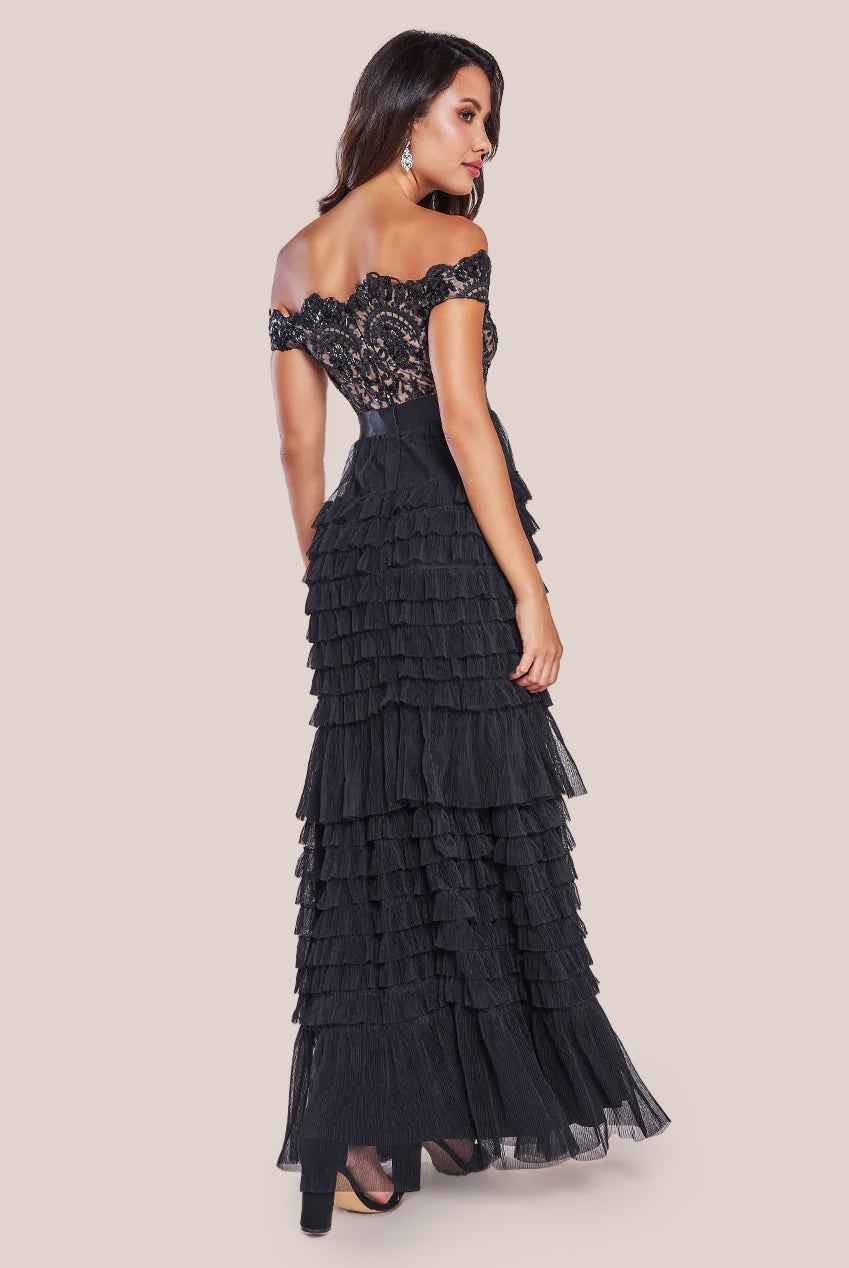 Goddiva Scallop Bardot Ruffle Mesh Maxi - Black