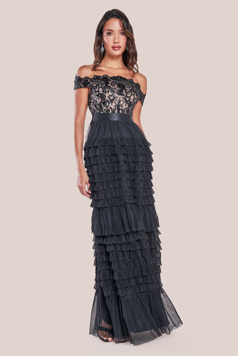 Goddiva Scallop Bardot Ruffle Mesh Maxi - Black