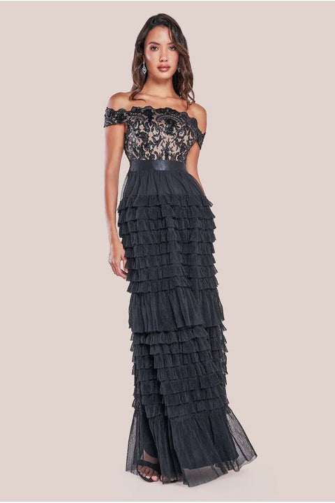 Goddiva Scallop Bardot Ruffle Mesh Maxi - Black