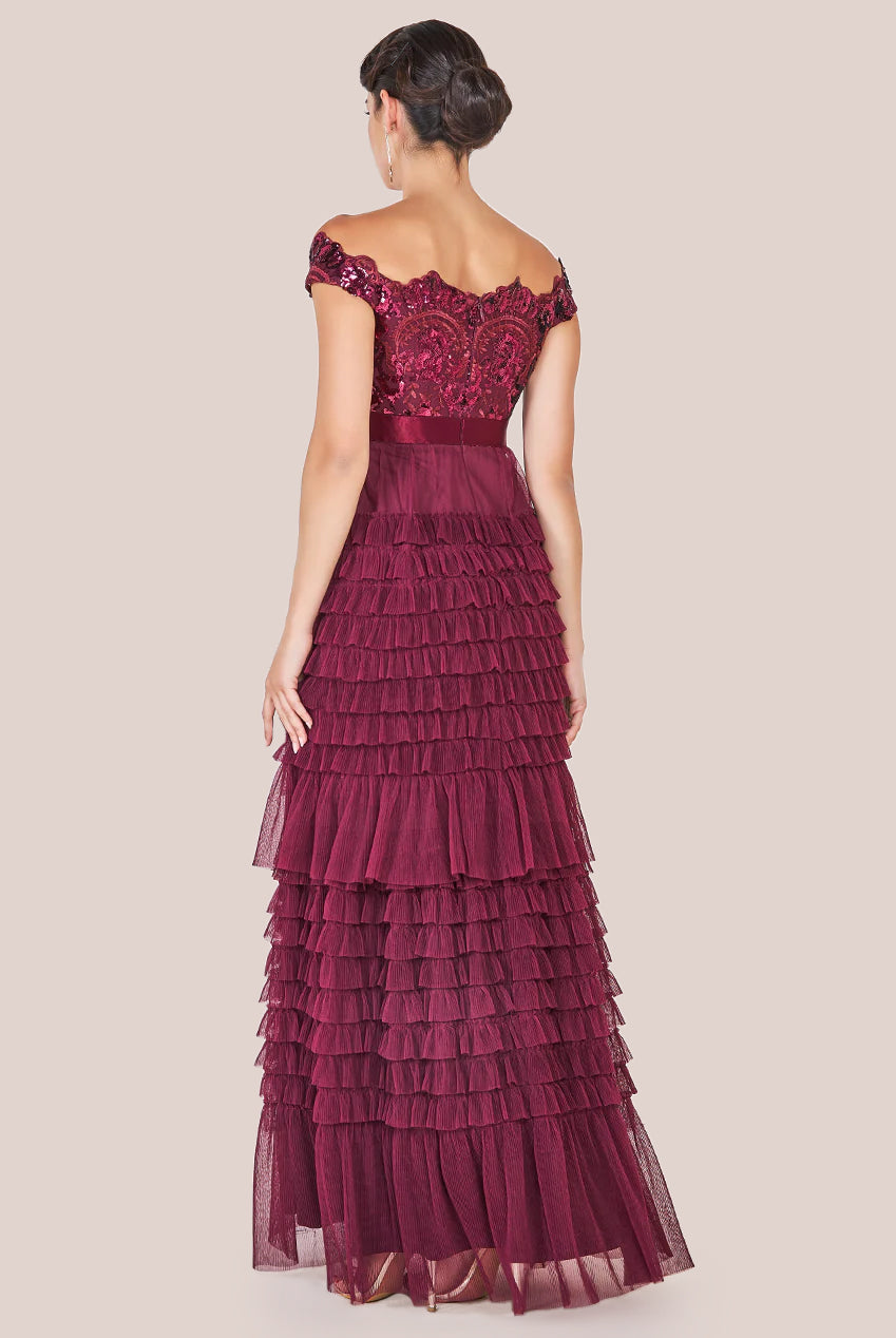 Goddiva Scallop Bardot Ruffle Mesh Maxi - Burgundy