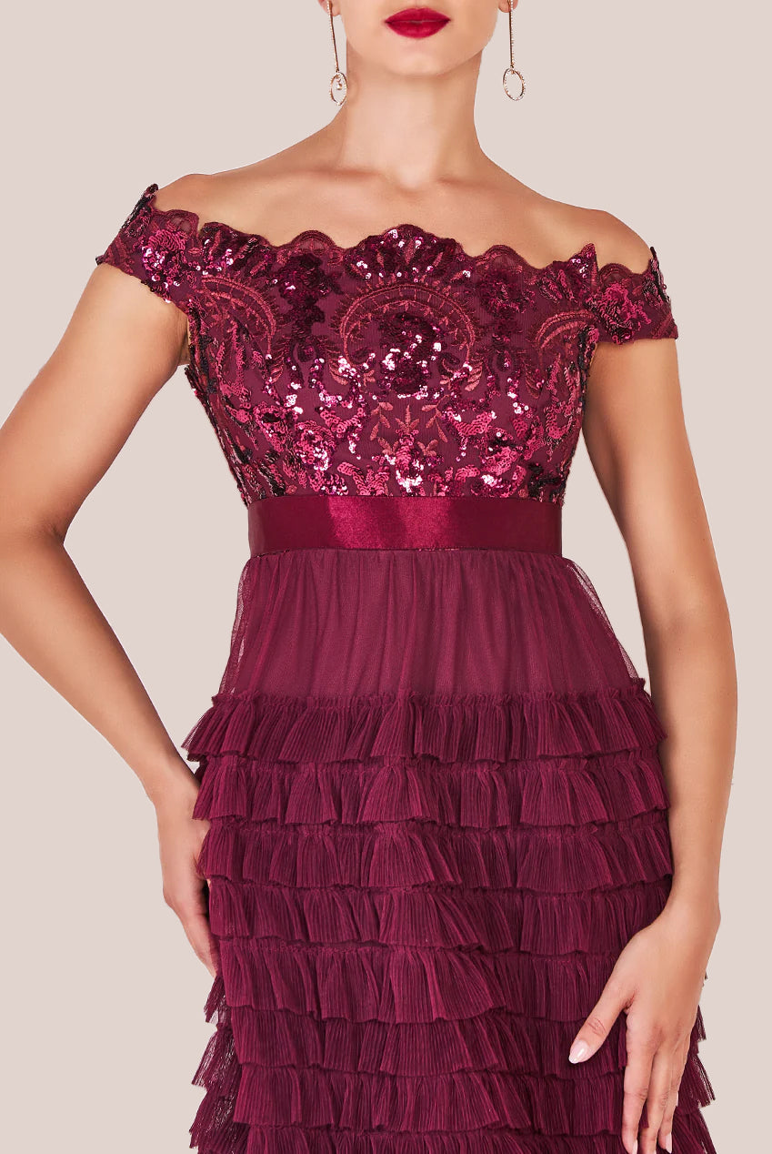 Goddiva Scallop Bardot Ruffle Mesh Maxi - Burgundy