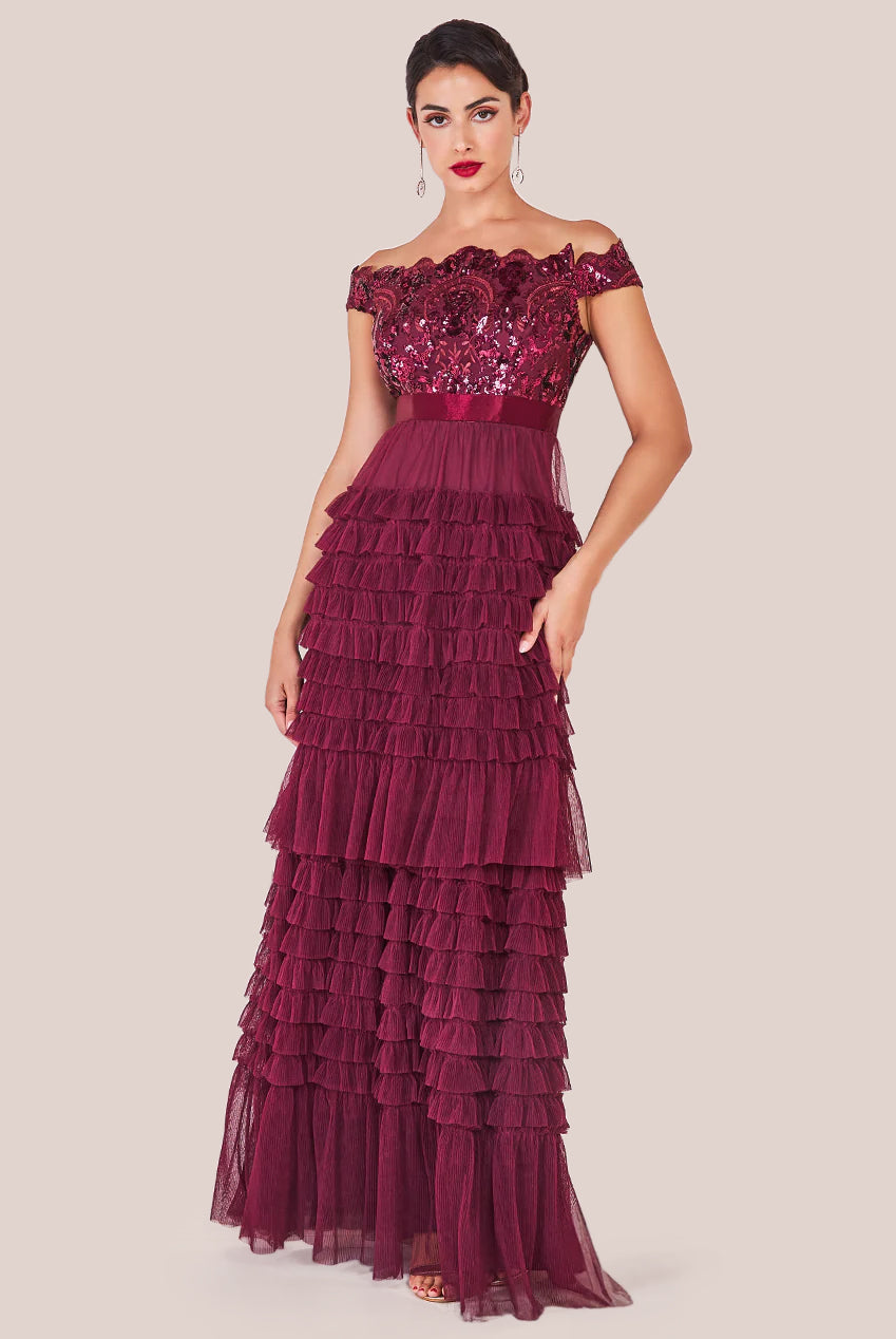 Goddiva Scallop Bardot Ruffle Mesh Maxi - Burgundy