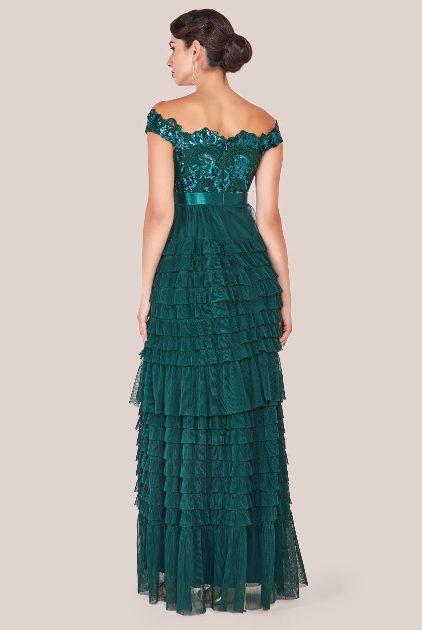 Goddiva Scallop Bardot Ruffle Mesh Maxi - Emerald Green