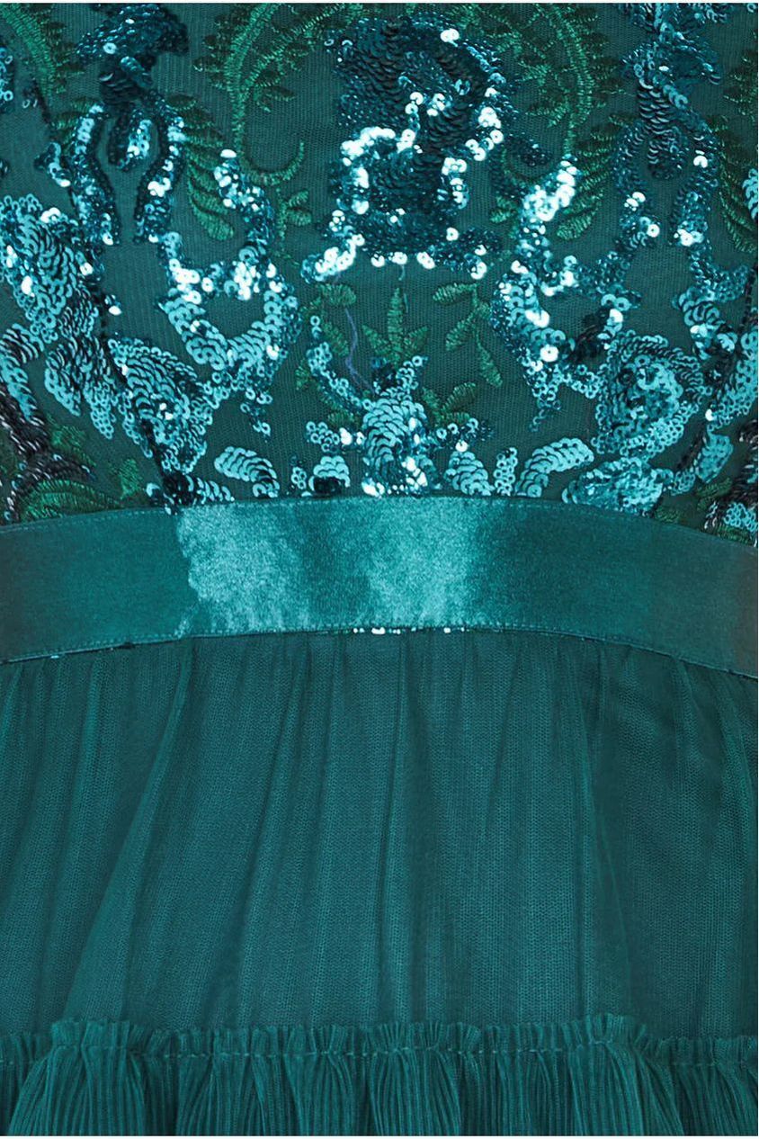 Goddiva Scallop Bardot Ruffle Mesh Maxi - Emerald Green