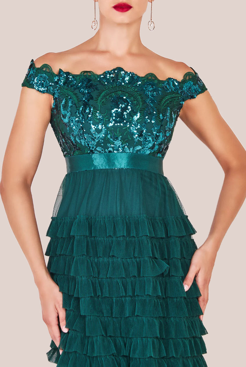 Goddiva Scallop Bardot Ruffle Mesh Maxi - Emerald Green