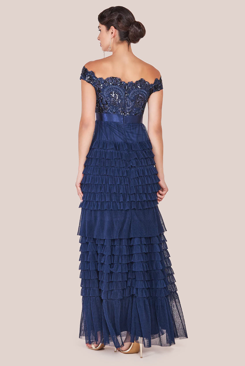 Goddiva Scallop Bardot Ruffle Mesh Maxi - Navy