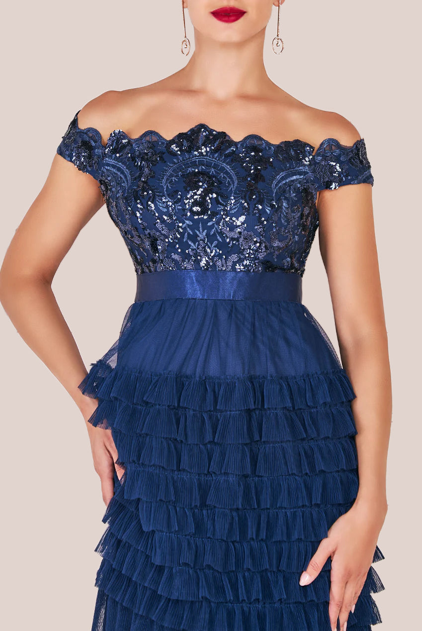 Goddiva Scallop Bardot Ruffle Mesh Maxi - Navy