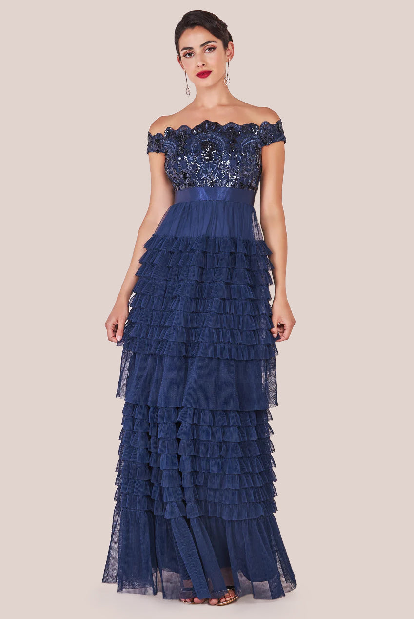 Goddiva Scallop Bardot Ruffle Mesh Maxi - Navy