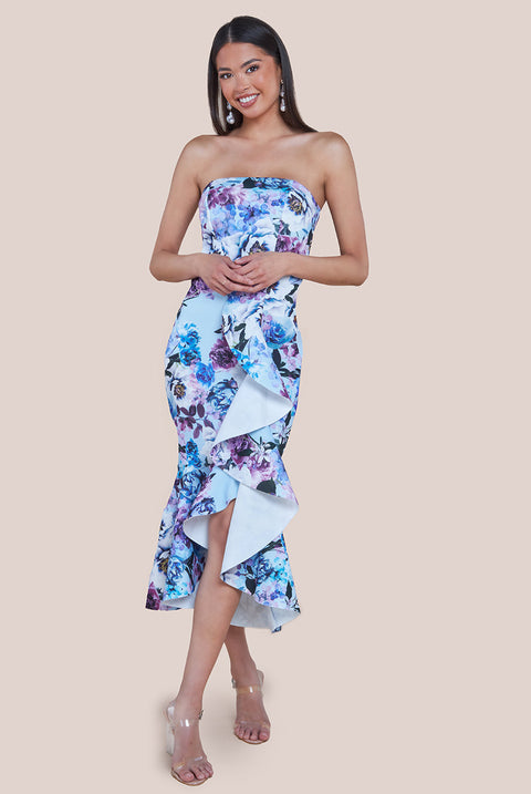 Goddiva Ruffled Floral Scuba Foam Bandeau Midi Dress - Blue