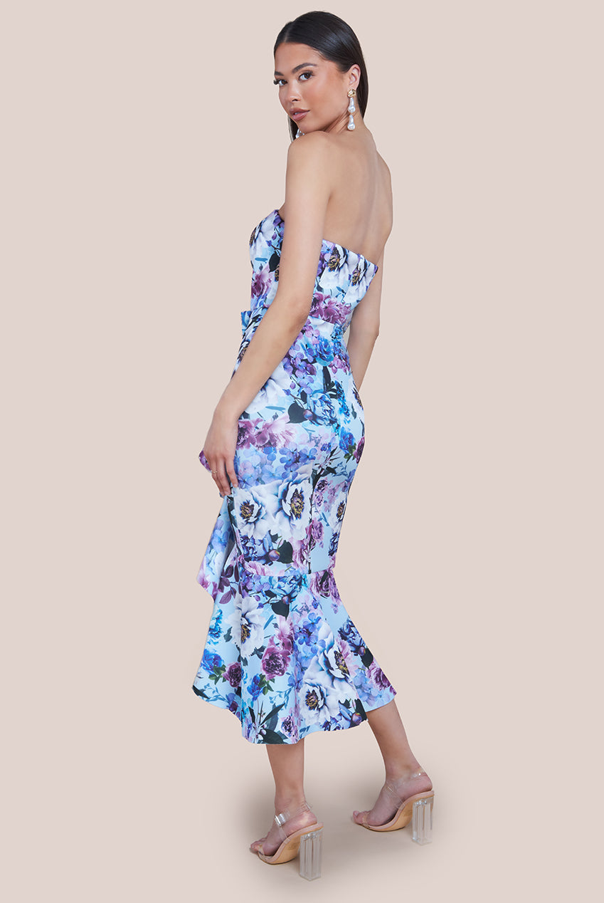 Goddiva Ruffled Floral Scuba Foam Bandeau Midi Dress - Blue