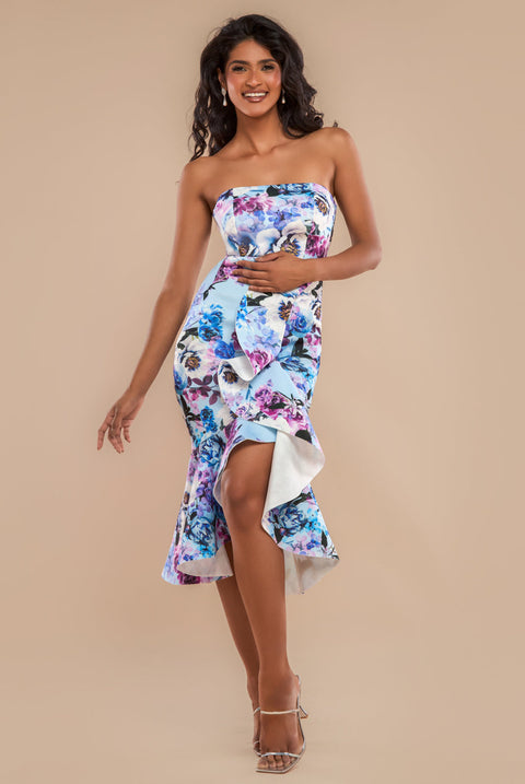 Goddiva Ruffled Floral Scuba Foam Bandeau Midi Dress - Blue