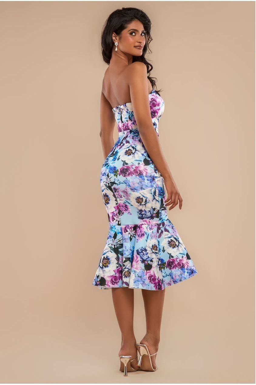 Goddiva Ruffled Floral Scuba Foam Bandeau Midi Dress - Blue